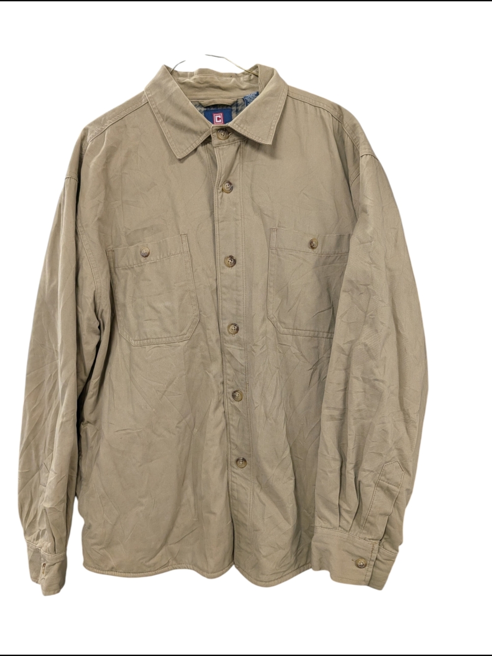 Chaps Mens L Beige Plaid Flannel Lined Jacket Button Up Chore Coat